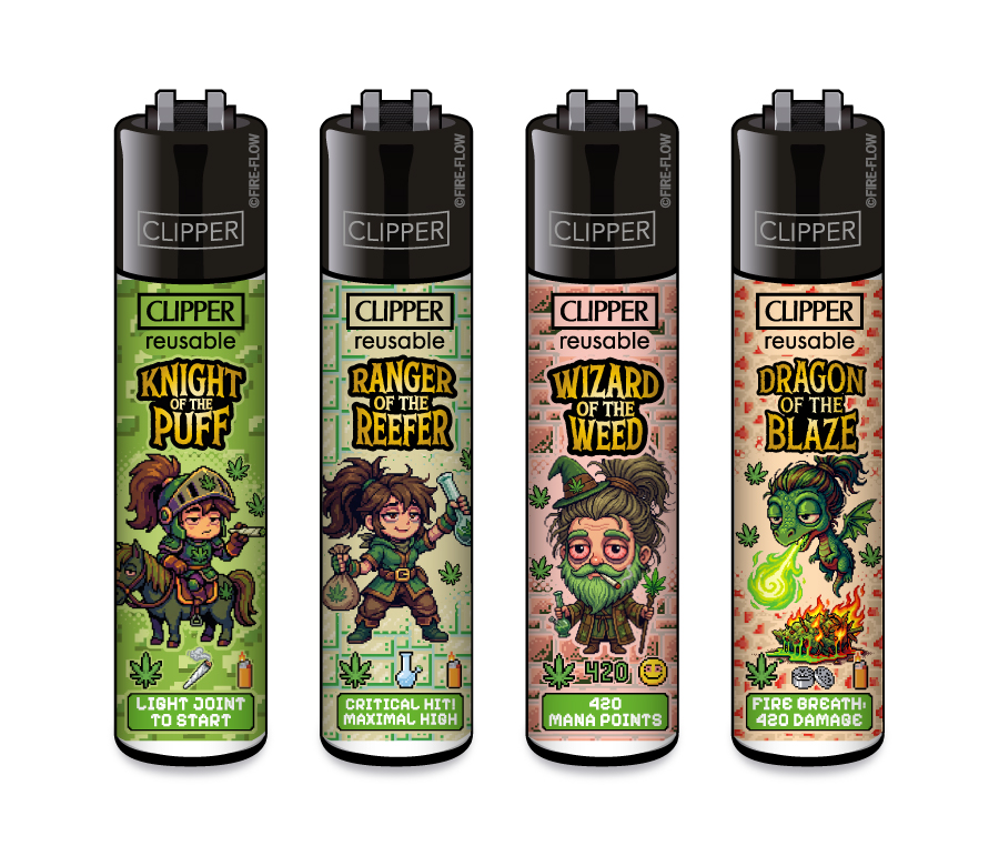 Mehrwegfeuerzeuge, Clipper-Feuerzeuge, wiederbefüllbar, Fantasy-Motive, Cannabis-Motive