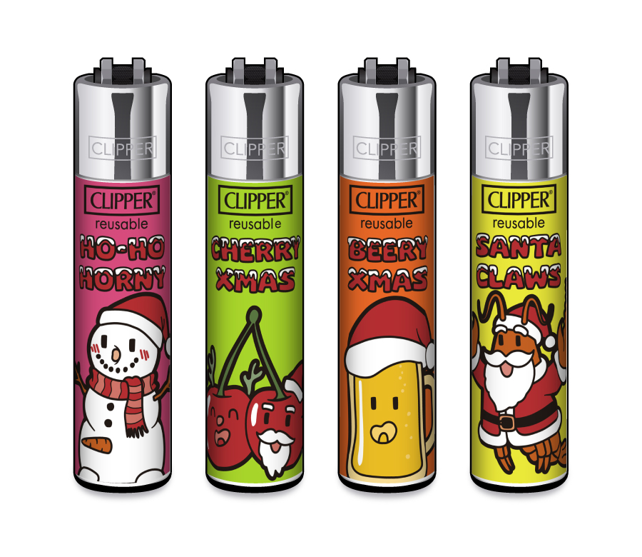 Mehrwegfeuerzeuge, Weihnachtsmotive, Metallgehäuse, Vierer-Set, Bunte Designs