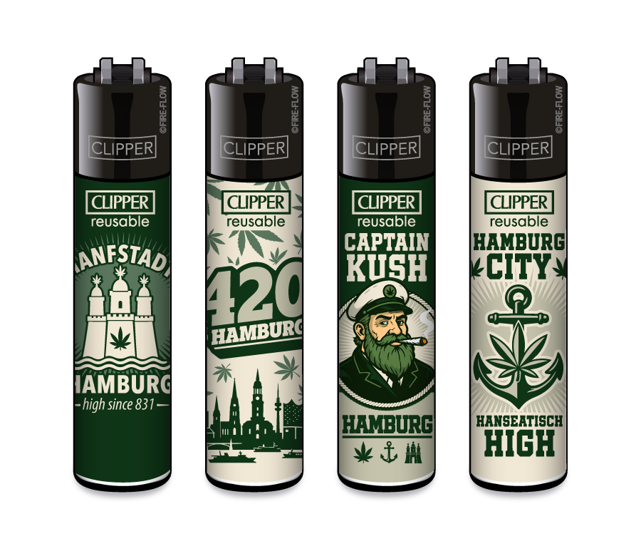 Feuerzeuge, nachfüllbar, schwarz-grün, Hamburg-Motive, Cannabis-Motive