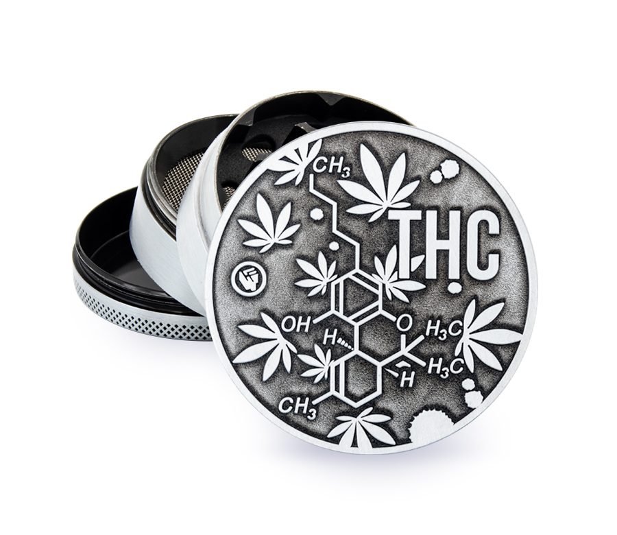 B4 FIRE-FLOW™ Metal Grinder Silver THC Molecules (⌀60 mm / 4-parts)