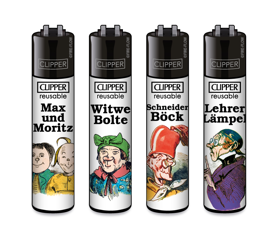 Clipper, wiederverwendbar, Max und Moritz, Witwe Bolte, Schneider Böck