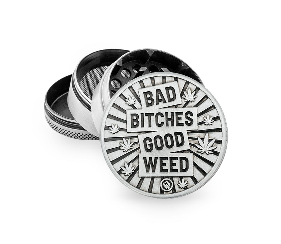 B6 FIRE-FLOW™ Metal Grinder Silver Bad Bitches Good Weed (⌀50 mm / 4-parts)
