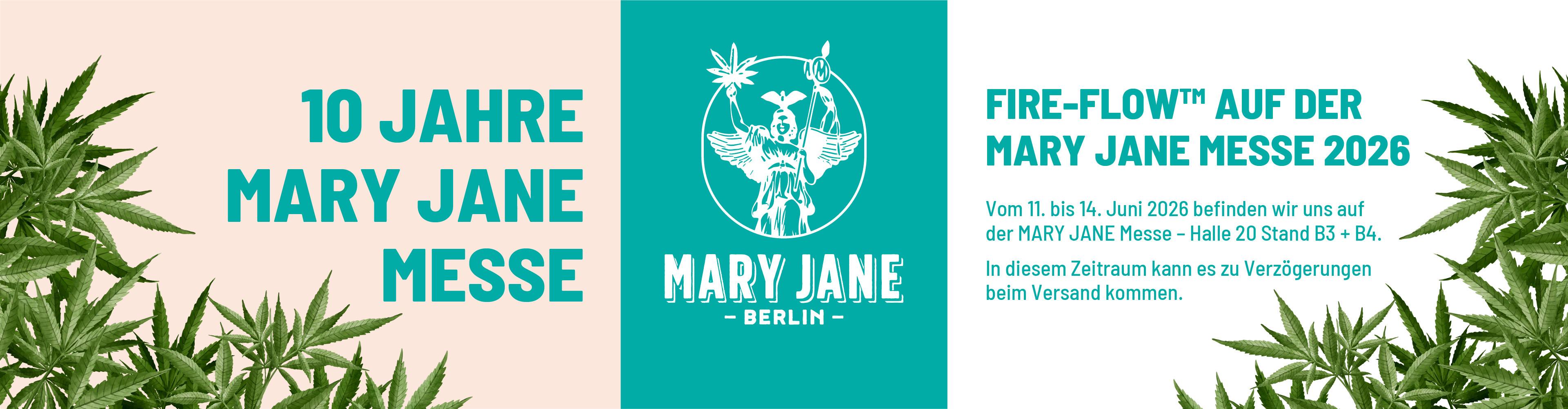Messe-Banner, Mary Jane, Berlin, Messe 2026, Cannabis-Illustration, poster, graphic, text, event, marijuana leaves