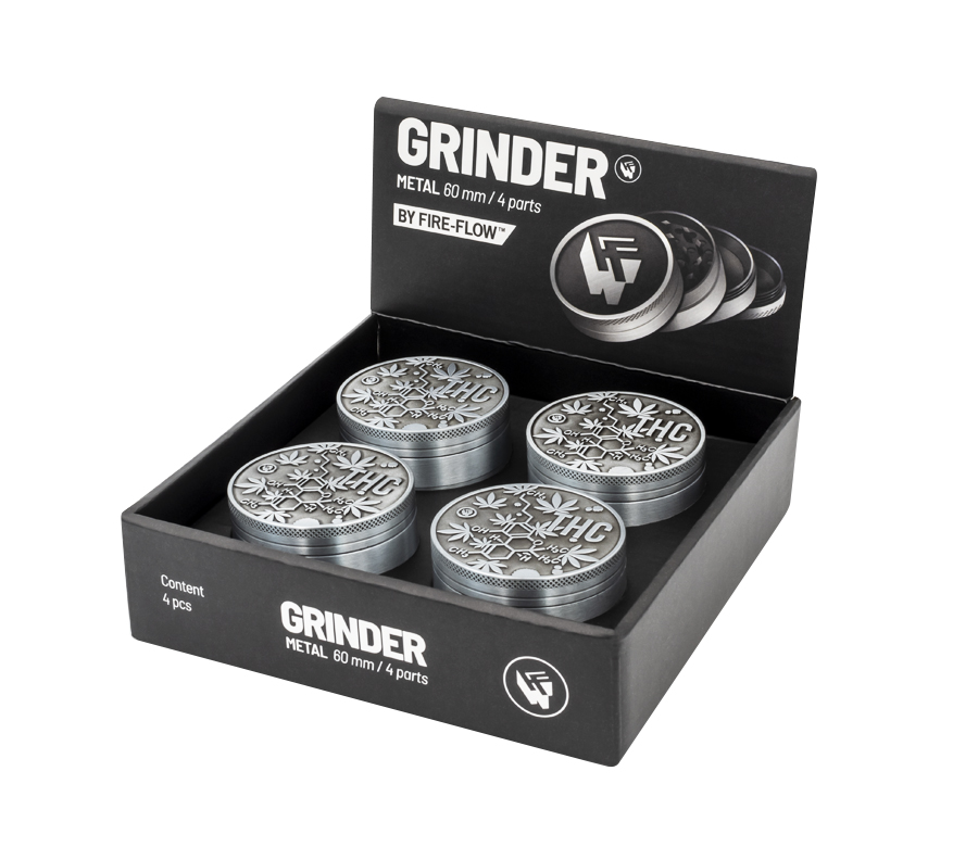 B4 FIRE-FLOW™ Metal Grinder Silver THC Molecules (⌀60 mm / 4-parts)