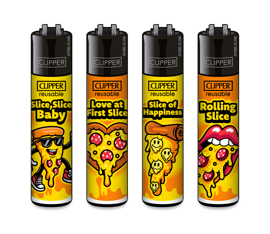 Feuerzeuge, nachfüllbar, Pizza-Motive, gelb-orange, 4er-Set