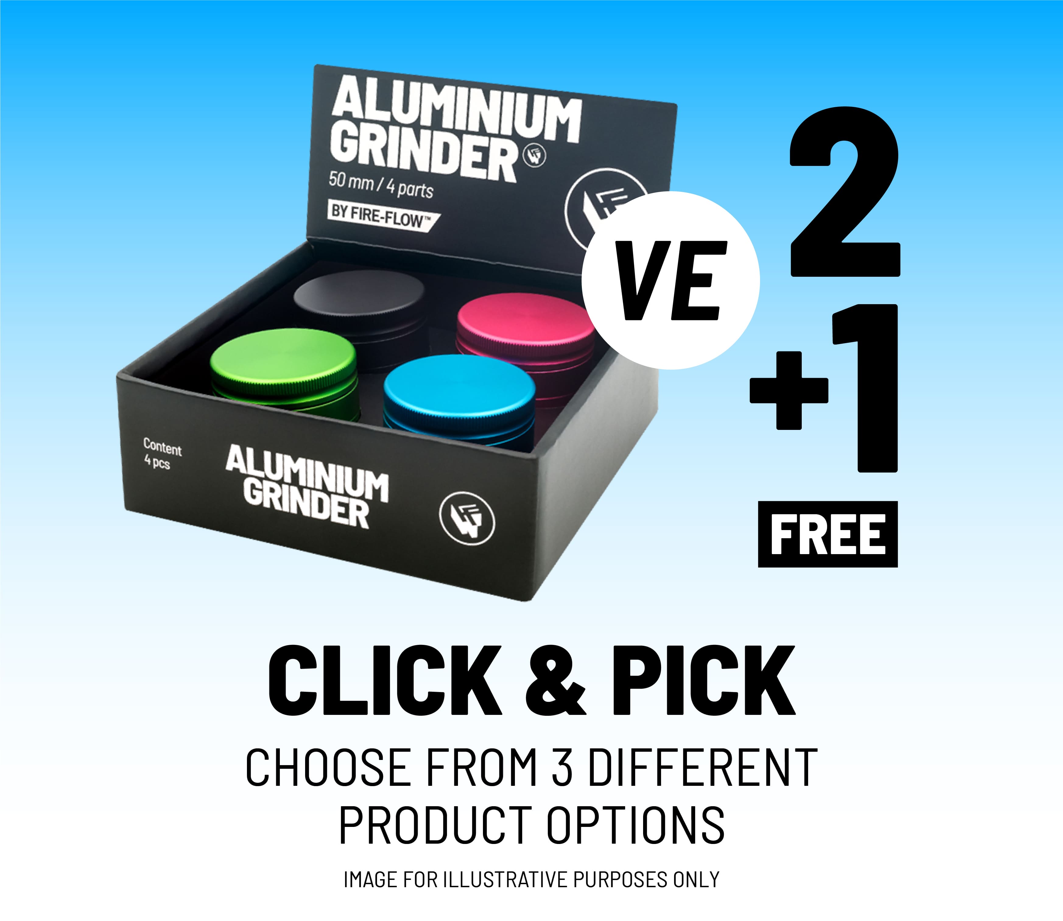 Aluminium Grinder, Farben: grün, blau, pink, schwarz, 4 Stück, Boxenset, Click und Pick