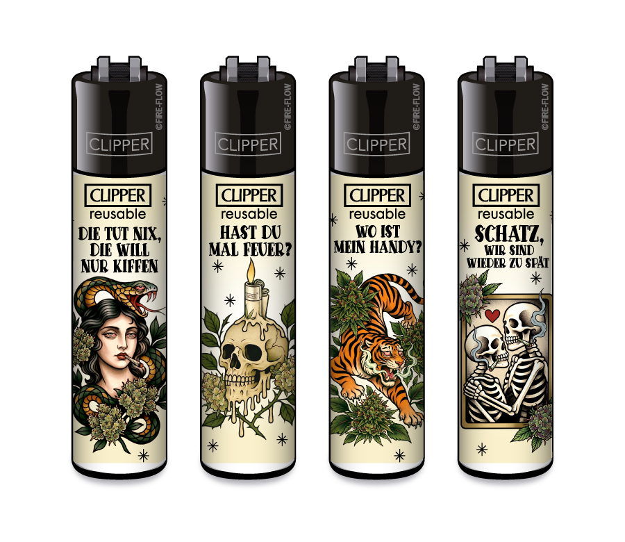Mehrwegfeuerzeug, Clipper-Feuerzeug, bedruckt, Totenkopf-Motive, bunt