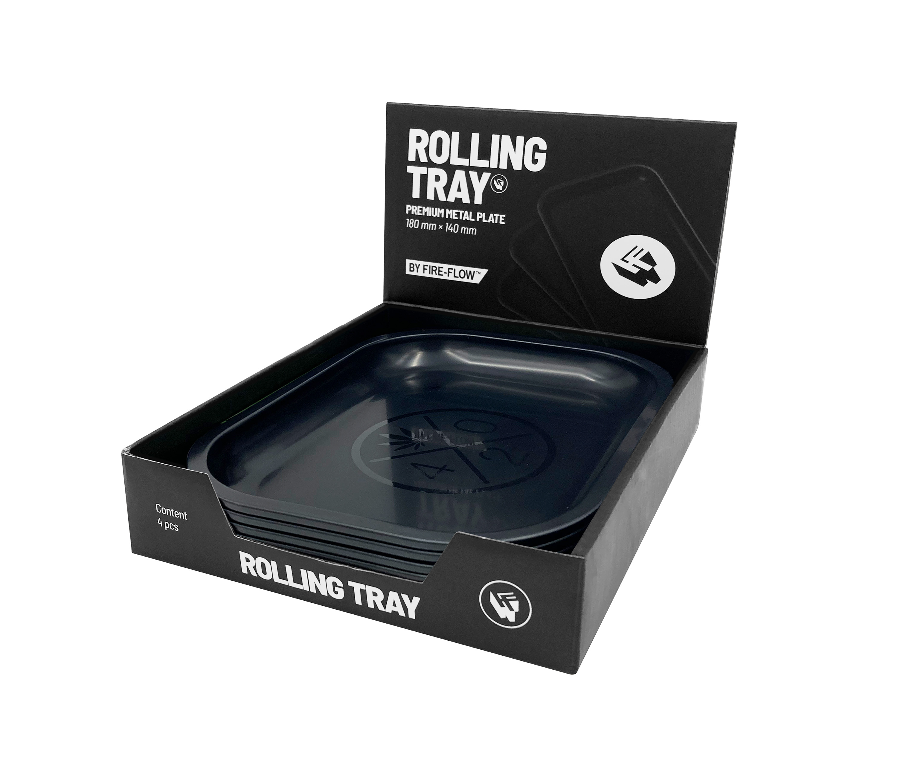 B4 FIRE-FLOW™ Metal Rolling Tray 420 Logo Black on Black (140 mm x 180 mm) 