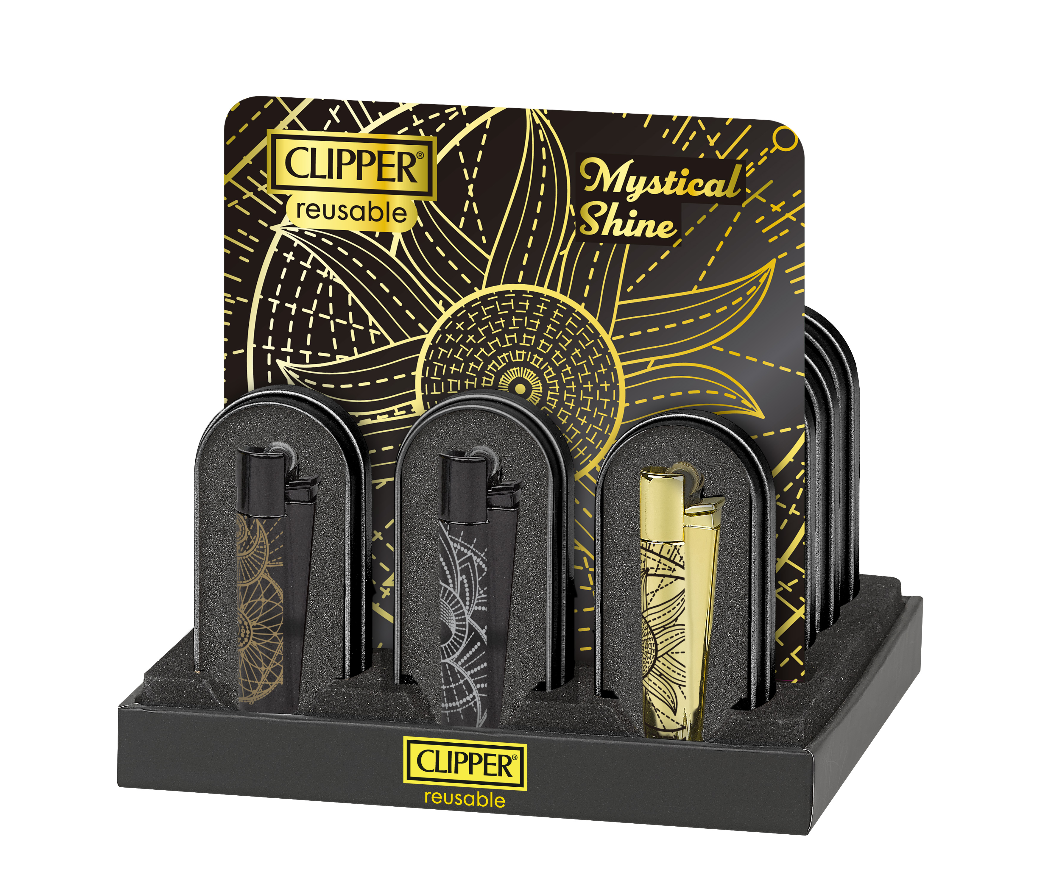 Clipper wiederverwendbar, Feuerzeug Set, Metallisches Feuerzeug, Sortiment Farben, Gold Schwarz Design