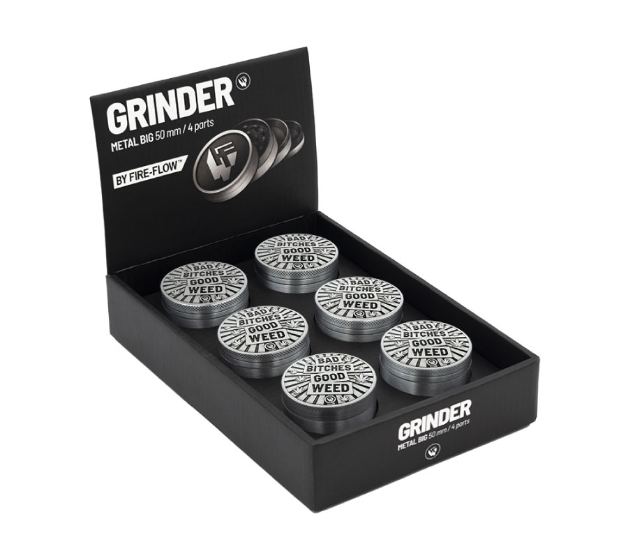 B6 FIRE-FLOW™ Metal Grinder Silver Bad Bitches Good Weed (⌀50 mm / 4-parts)