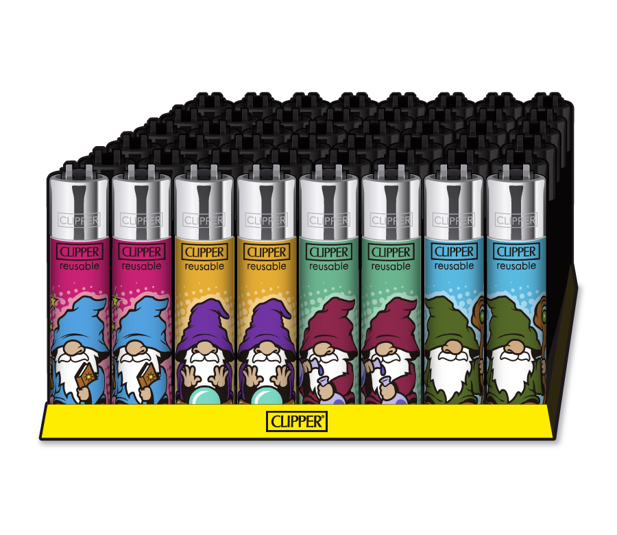 Clipper-Feuerzeuge, Mehrwegfeuerzeuge, Zwergenmotiv, bunte Designs, Verkaufsdisplay