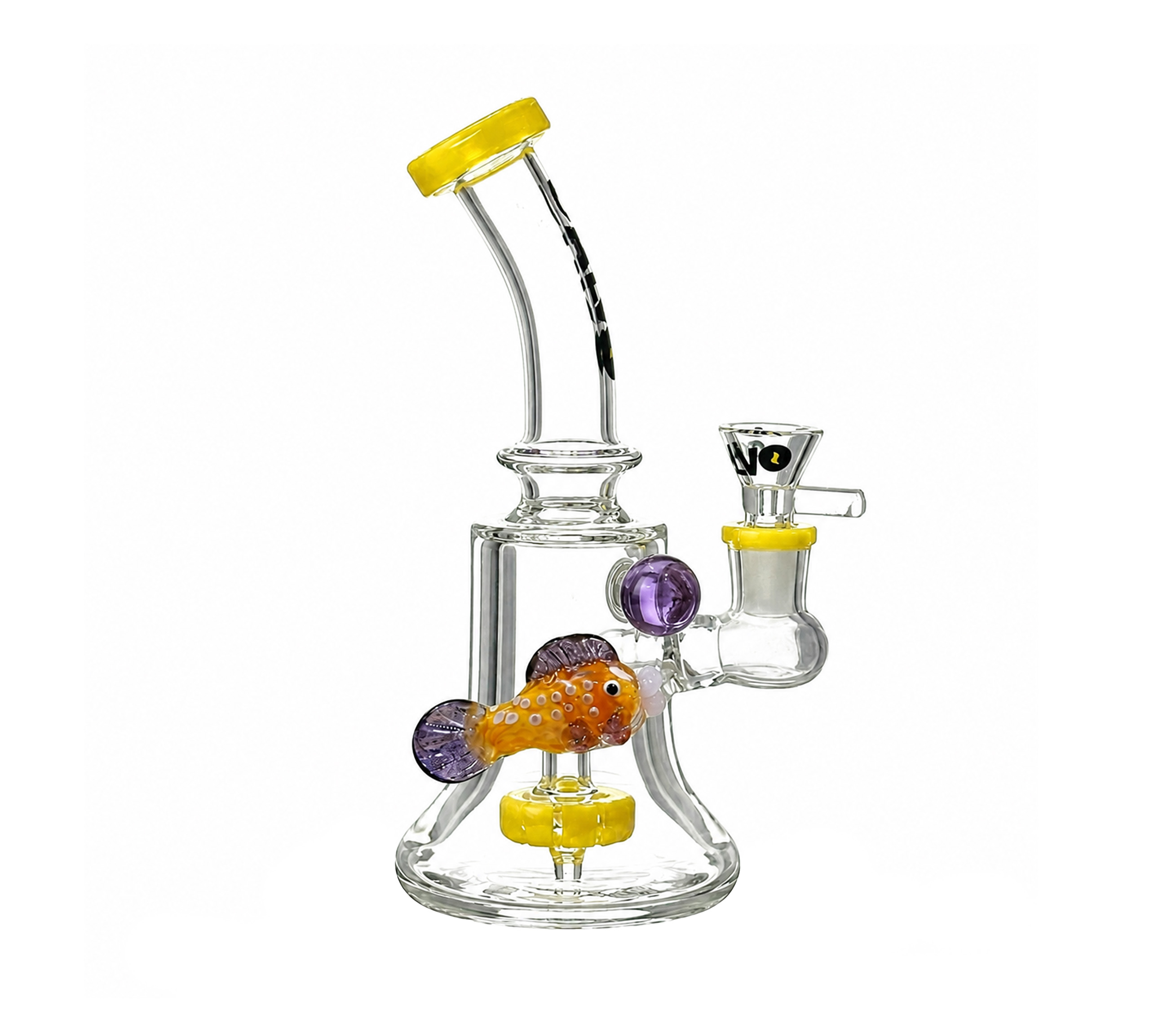 Glas-Bong, Dabber-Rig, bunte Glas, gelbe Akzente, Fisch-Detail