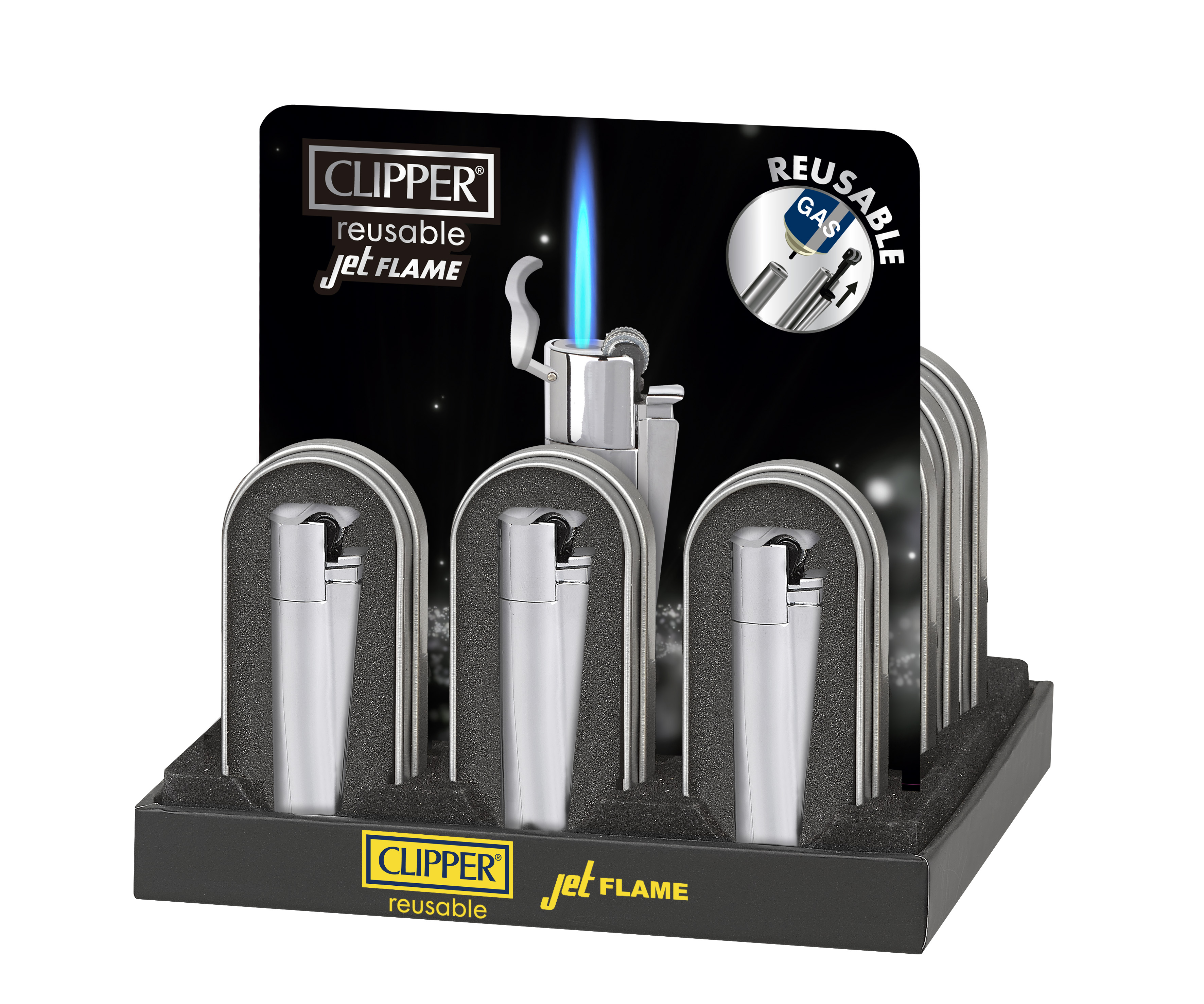 B12 CLIPPER CLASSIC Metal Large Jet Flame Silver m. Reibrad